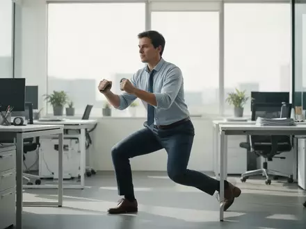 Eine Person in Business-Kleidung führt während einer Büropause einfache Kraftübungen neben dem Schreibtisch aus. - Foto: über boerse-global.de