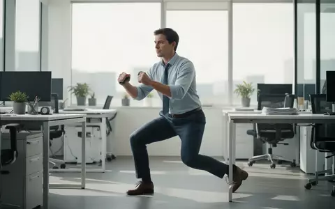Eine Person in Business-Kleidung führt während einer Büropause einfache Kraftübungen neben dem Schreibtisch aus. - Foto: über boerse-global.de