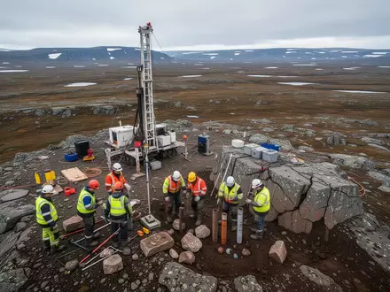 Geologen bei der Untersuchung von Gesteinsproben an einem Explorationsstandort in einer weiten, rauen Landschaft. - Foto: über boerse-global.de