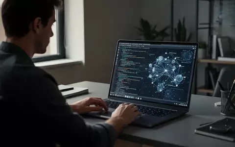 Eine Person arbeitet an einem Laptop in einem modernen Heimbüro, während auf dem Bildschirm abstrakte Netzwerkdaten zu sehen sind. - Foto: über boerse-global.de