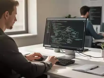 Ein Webentwickler arbeitet an einem Laptop in einem modernen Agenturbüro an komplexen digitalen Projekten. - Foto: über boerse-global.de