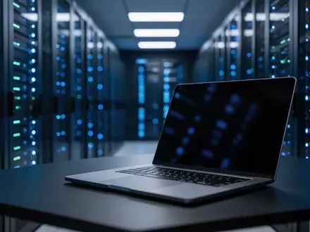 Ein moderner Serverraum mit blau beleuchteten Racks und einem Laptop auf einem Schreibtisch im Vordergrund. - Foto: über boerse-global.de