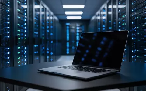 Ein moderner Serverraum mit blau beleuchteten Racks und einem Laptop auf einem Schreibtisch im Vordergrund. - Foto: über boerse-global.de