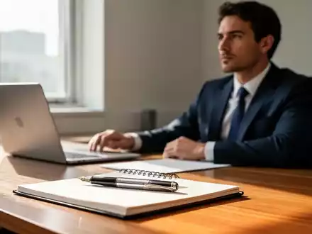 Eine konzentrierte Person an einem minimalistischen Schreibtisch in einem hellen Büro, die nachdenklich vom Laptop wegschaut. - Foto: über boerse-global.de
