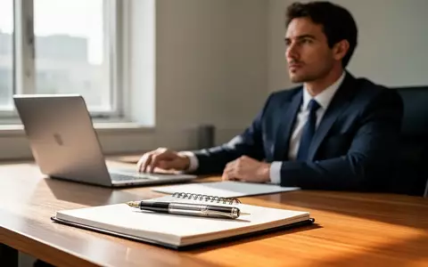 Eine konzentrierte Person an einem minimalistischen Schreibtisch in einem hellen Büro, die nachdenklich vom Laptop wegschaut. - Foto: über boerse-global.de