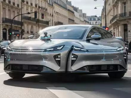 Ein modernes Elektroauto von XPENG fährt autonom auf einer belebten Straße in einer europäischen Stadt. - Foto: über boerse-global.de