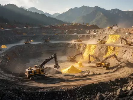 Ein moderner Tagebau einer Goldmine in einer bergigen Landschaft bei goldenem Licht. - Foto: über boerse-global.de