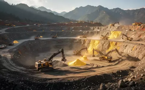 Ein moderner Tagebau einer Goldmine in einer bergigen Landschaft bei goldenem Licht. - Foto: über boerse-global.de