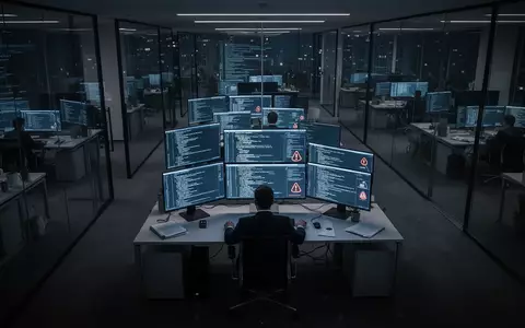 Ein Mitarbeiter in einem modernen, schwach beleuchteten Büro vor mehreren Monitoren bei einer Cyber-Sicherheitsanalyse. - Foto: über boerse-global.de