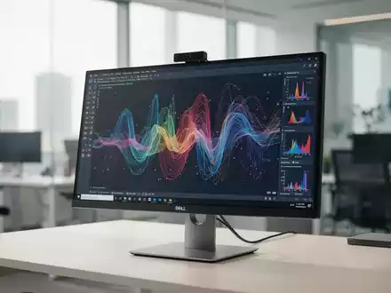 Ein moderner 43-Zoll Dell Monitor auf einem aufgeräumten Schreibtisch in einem hellen, professionellen Büro. - Foto: über boerse-global.de