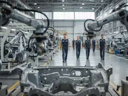 Moderne Automobil-Fertigungshalle mit Montagebändern und Arbeitern im Hintergrund. - Foto: über boerse-global.de