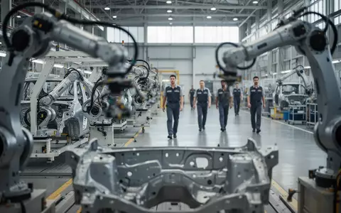 Moderne Automobil-Fertigungshalle mit Montagebändern und Arbeitern im Hintergrund. - Foto: über boerse-global.de