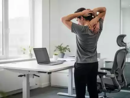 Person bei einer Dehnübung an einem höhenverstellbaren Schreibtisch im modernen Büro. - Foto: über boerse-global.de