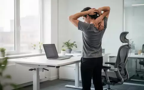 Person bei einer Dehnübung an einem höhenverstellbaren Schreibtisch im modernen Büro. - Foto: über boerse-global.de