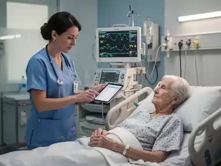 Eine Pflegekraft nutzt ein Tablet zur Dokumentation in einem modernen Krankenhauszimmer bei einem Patienten. - Foto: über boerse-global.de