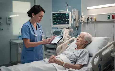 Eine Pflegekraft nutzt ein Tablet zur Dokumentation in einem modernen Krankenhauszimmer bei einem Patienten. - Foto: über boerse-global.de
