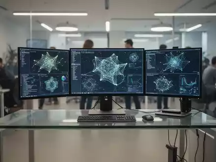 Ein moderner, minimalistischer Arbeitsplatz in einem Tech-Startup mit Monitoren, die abstrakte Datenvisualisierungen zeigen. - Foto: über boerse-global.de