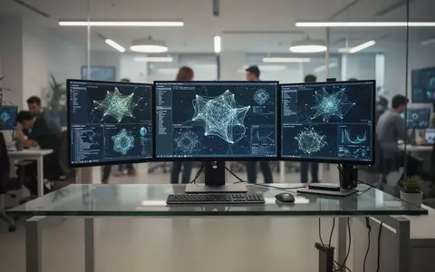 Ein moderner, minimalistischer Arbeitsplatz in einem Tech-Startup mit Monitoren, die abstrakte Datenvisualisierungen zeigen. - Foto: über boerse-global.de
