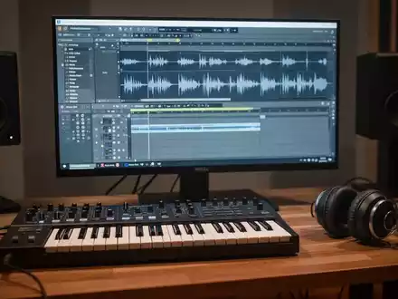 Nahaufnahme eines modernen Musikstudios mit professioneller Audioproduktionssoftware auf einem Monitor. - Foto: über boerse-global.de