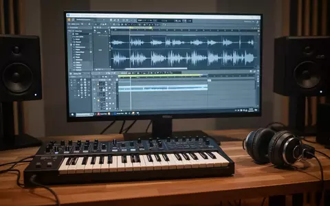 Nahaufnahme eines modernen Musikstudios mit professioneller Audioproduktionssoftware auf einem Monitor. - Foto: über boerse-global.de