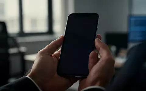 Eine Person hält ein Smartphone mit schwarzem Bildschirm in einer Büroumgebung, während sie auf eine technische Störung wartet. - Foto: über boerse-global.de