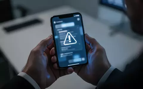 Person hält ein Smartphone in einer dunklen Büroumgebung, während das Display eine Warnmeldung anzeigt. - Foto: über boerse-global.de