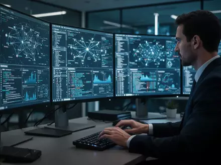 Ein IT-Sicherheitsexperte arbeitet an einem modernen Arbeitsplatz mit mehreren Monitoren in einem professionellen Büro. - Foto: über boerse-global.de