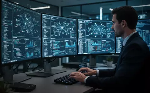 Ein IT-Sicherheitsexperte arbeitet an einem modernen Arbeitsplatz mit mehreren Monitoren in einem professionellen Büro. - Foto: über boerse-global.de