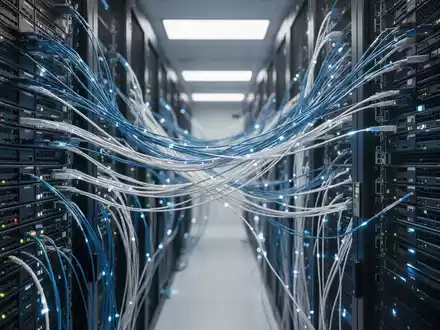 Moderne Serveranlage in einem Rechenzentrum mit leuchtenden Glasfaserkabeln als Symbol für die KI-Infrastruktur. - Foto: über boerse-global.de
