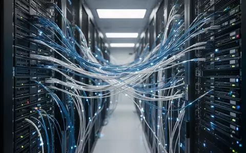 Moderne Serveranlage in einem Rechenzentrum mit leuchtenden Glasfaserkabeln als Symbol für die KI-Infrastruktur. - Foto: über boerse-global.de
