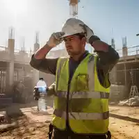 Bauarbeiter bei starker Hitze auf einer Baustelle, der sich den Schweiß von der Stirn wischt und eine Wasserflasche hält. - Foto: über boerse-global.de