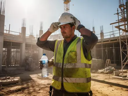 Bauarbeiter bei starker Hitze auf einer Baustelle, der sich den Schweiß von der Stirn wischt und eine Wasserflasche hält. - Foto: über boerse-global.de