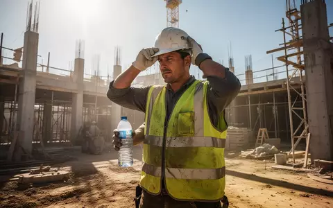 Bauarbeiter bei starker Hitze auf einer Baustelle, der sich den Schweiß von der Stirn wischt und eine Wasserflasche hält. - Foto: über boerse-global.de