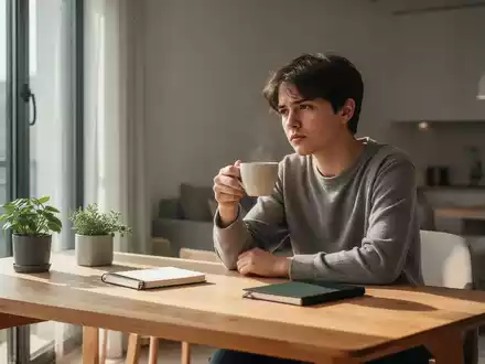 Eine junge Person sitzt nachdenklich an einem minimalistischen Schreibtisch in einer hellen Wohnung. - Foto: über boerse-global.de