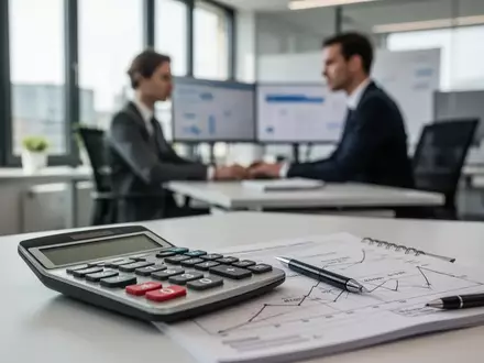 Ein Büroarbeitsplatz mit Taschenrechner und Notizen vor einem unscharfen Hintergrund eines modernen Büros. - Foto: über boerse-global.de