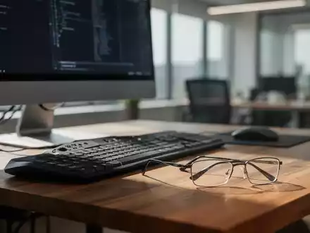 Eine Brille liegt auf einem modernen Schreibtisch neben einem Computerbildschirm in einem hellen Büro. - Foto: über boerse-global.de