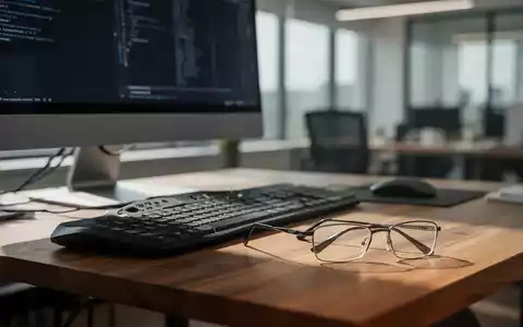 Eine Brille liegt auf einem modernen Schreibtisch neben einem Computerbildschirm in einem hellen Büro. - Foto: über boerse-global.de