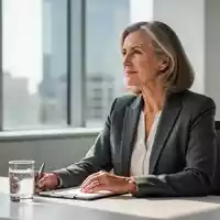 Eine professionell gekleidete Frau mittleren Alters in einem hellen, modernen Büro, die nachdenklich aus dem Fenster blickt. - Foto: über boerse-global.de