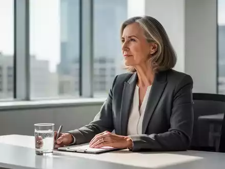 Eine professionell gekleidete Frau mittleren Alters in einem hellen, modernen Büro, die nachdenklich aus dem Fenster blickt. - Foto: über boerse-global.de