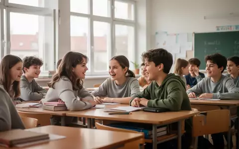 Schüler in einem hellen Klassenzimmer unterhalten sich angeregt an ihren Schreibtischen ohne Mobiltelefone. - Foto: über boerse-global.de
