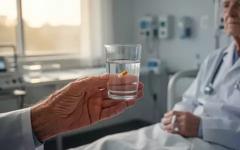 Ältere Person hält eine Vitamin-Kapsel und ein Glas Wasser in einer hellen, medizinischen Umgebung. - Foto: über boerse-global.de