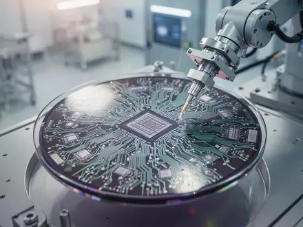 Ein Roboterarm in einem modernen Reinraum fertigt einen komplexen Halbleiter-Wafer für Hochleistungschips. - Foto: über boerse-global.de