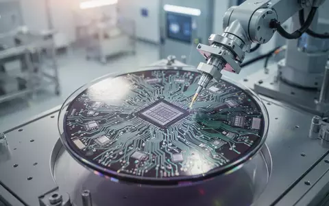 Ein Roboterarm in einem modernen Reinraum fertigt einen komplexen Halbleiter-Wafer für Hochleistungschips. - Foto: über boerse-global.de