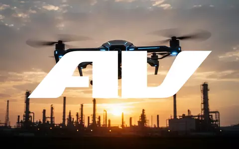 Eine moderne Drohne fliegt bei Sonnenuntergang vor einem industriellen Hintergrund am Himmel. - Foto: über boerse-global.de
