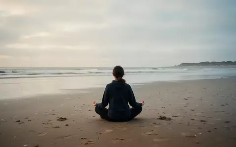 Eine Person praktiziert Achtsamkeitsübungen an einem einsamen Sandstrand auf Juist bei natürlichem Tageslicht. - Foto: über boerse-global.de