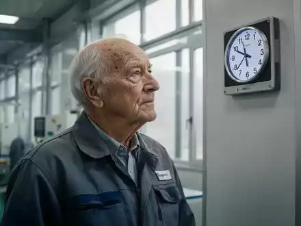Ein älterer Arbeiter blickt nachdenklich auf eine Uhr in einer modernen Fabrikhalle. - Foto: über boerse-global.de