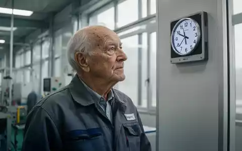 Ein älterer Arbeiter blickt nachdenklich auf eine Uhr in einer modernen Fabrikhalle. - Foto: über boerse-global.de