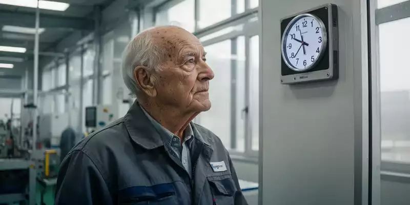 Ein älterer Arbeiter blickt nachdenklich auf eine Uhr in einer modernen Fabrikhalle. - Foto: über boerse-global.de