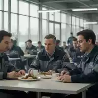 Mitarbeiter in Arbeitskleidung beim Mittagessen in einer hellen, modernen Betriebskantine. - Foto: über boerse-global.de