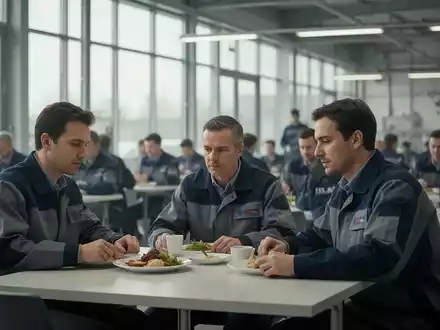 Mitarbeiter in Arbeitskleidung beim Mittagessen in einer hellen, modernen Betriebskantine. - Foto: über boerse-global.de